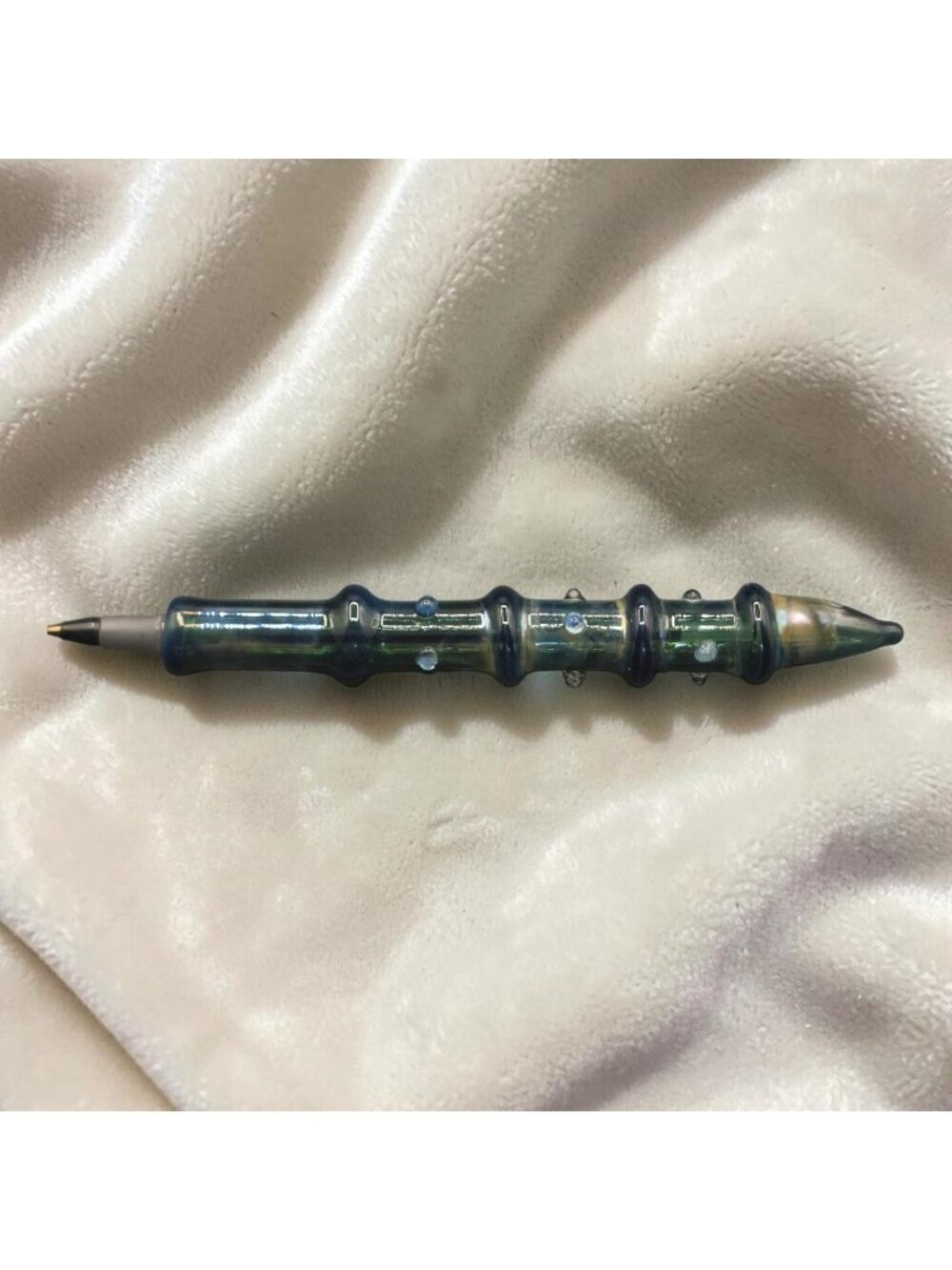 Vintage Art Glass Ballpoint Pen Bamboo Design 5" Long Iridescent Blue & Green